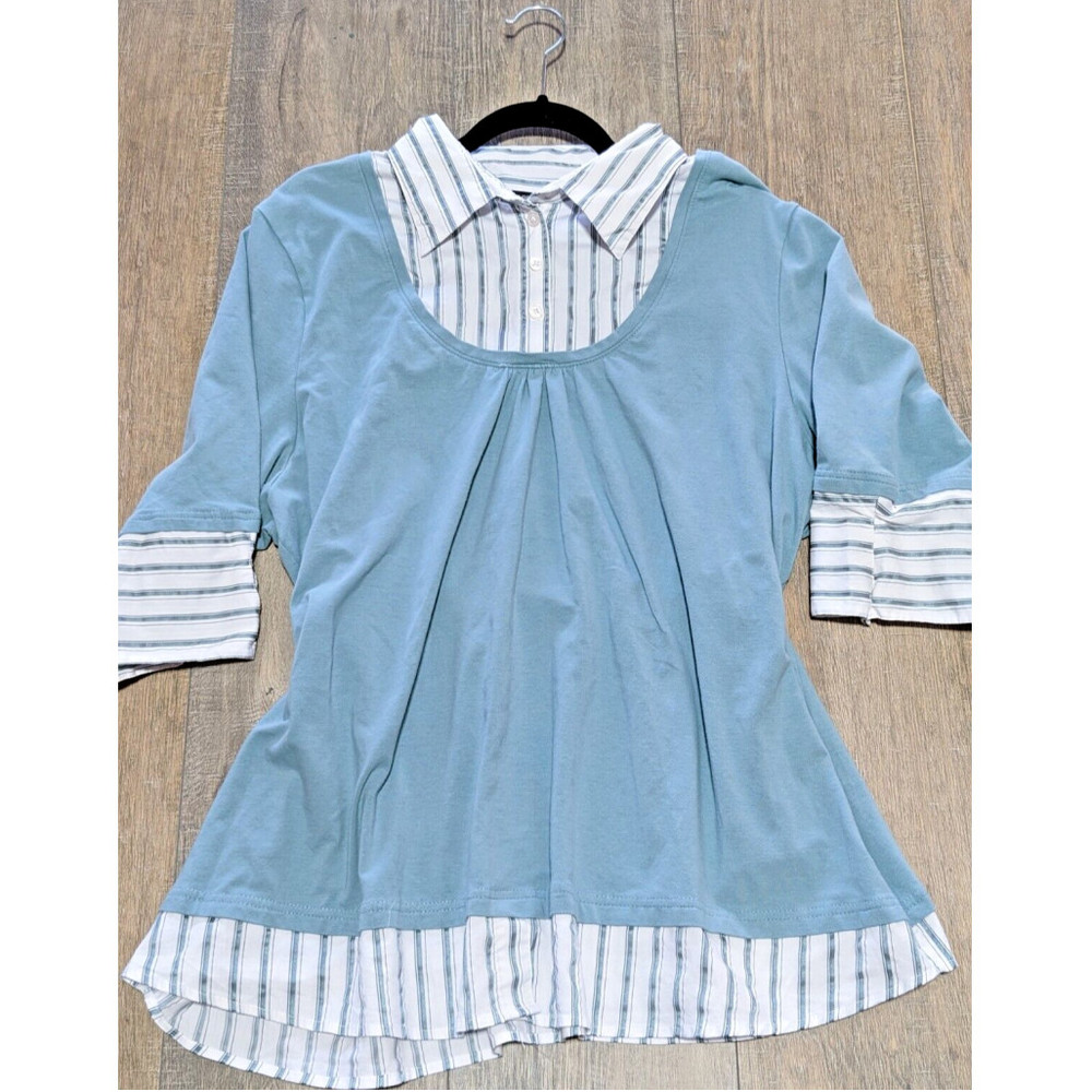 Lane Bryant Top Womens 20 Blue 3/4 Sleeve Collared Casual Modern Stretch Blouse